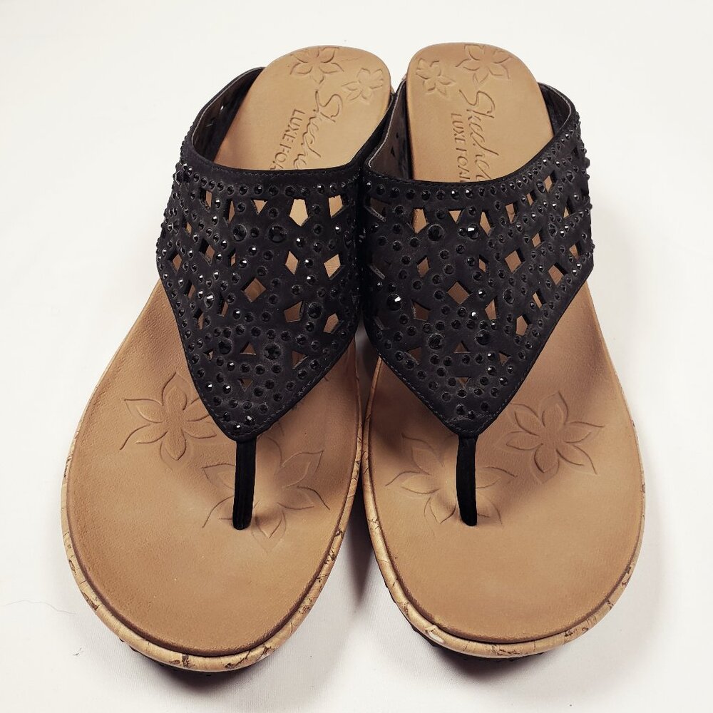 Skechers Luxe Foam Flip flop cork wedge 10 Womens Black Bling Rhinestones